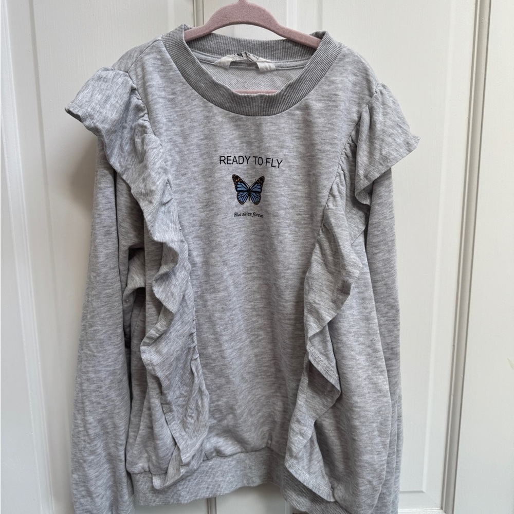 Nwot H&M 12/14 Girls Gray Sweatshirt Blouse With Ruffled Sleeves Ready To Fly
